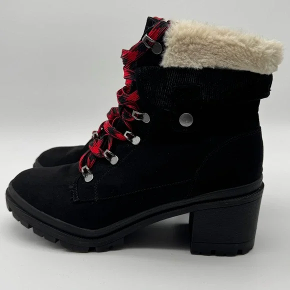 Jellypop Black Heeled Ankle Boots Red Plaid Laces Faux Fur Trim Lug Sole Size 9M - Picture 5 of 13